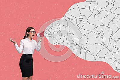 Photo collage creative photo image young bossy businesswoman lady announcing loudspeaker angry proclaim drawing doodles Stock Photo