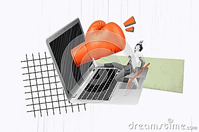 Photo collage illustration laptop screen boxer glove strike punch antivirus defense robber hacker man crowbar steal data Cartoon Illustration