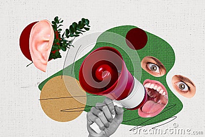 Photo collage image picture poster face parts fragments weird concept screaming shouting loudspeaker proclaim protest Stock Photo