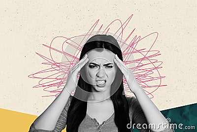 Photo collage image young stressed girl suffer headache migraine pain mental issues disorder mess thoughts drawing Stock Photo