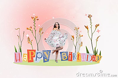 Photo collage picture of charming smiling lady walking celebrating birthday isolated creative background Stock Photo
