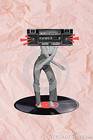 Photo collage picture design of funny young lady boogie woogie dance hip hop headless boombox player isolated over beige Stock Photo