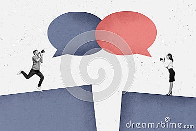 Photo collage picture standing two colleagues sides apart loudspeaker say each other proclaim obstacle overcome abyss Stock Photo