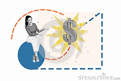 Photo collage poster sitting young successful girl businesswoman showing income increase profit strategy plan dollar Stock Photo