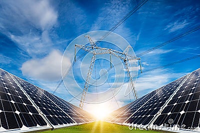 Photo collage of solar panels and high voltage electric pillar Stock Photo