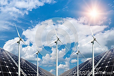 Photo collage of solar panels and wind turbins Stock Photo