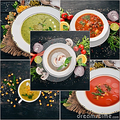 Photo collage. Soup. Hot dishes. Fruits. Stock Photo