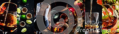 Photo collage, strong alcoholic drinks: cognac, vinsky and brandy, tequila and vodka, grappa, liquor. Close-up Stock Photo