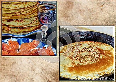 Photo collage Traditional russian blini. Pancakes. Pancake week. Maslenitsa is an Eastern Slavic traditional holiday Stock Photo