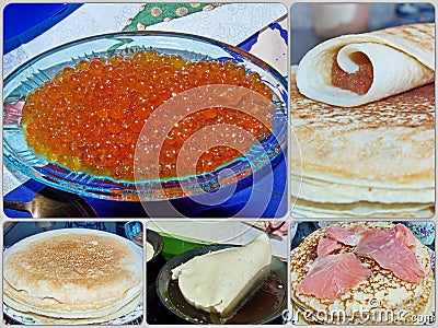 Photo collage traditional russian pancakes. Blini. Pancake week. Maslenitsa is an Eastern Slavic traditional holiday Stock Photo