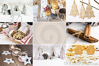 Photo collage, white Christmas ornaments, baking, cookies, stollen, jar candle holders, cinnamon, wood fir trees, reindeer Stock Photo