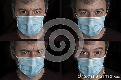 Photo collage of a white man making angry, happy, wary and surprised face while wearing a surgical mask Stock Photo
