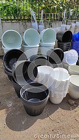 black and white photo of plant pots Stock Photo