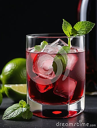 Photo Of Collins Glass Of Red Wine Cocktail Mixed With Ice Cube, Mint Leaves And Lime. Generative AI Stock Photo