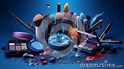 Photo of a colorful collection of makeup and eye shadows on a vibrant blue background created with Generative AI technology Stock Photo
