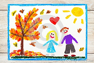 Colorful drawing: Autumn love, couple is holding hands Stock Photo