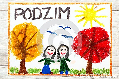 Drawing: Czech word Autumn, happy girls and trees with orange and red leaves Stock Photo