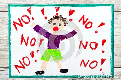 Drawing: Little boy screaming the word NO Stock Photo