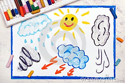 Drawing: Seasons and weather. Hand drawn weather illustrations: sun, rain, wind, storm Cartoon Illustration
