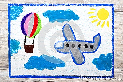 drawing: Small blue airplane and hot air balloon Stock Photo