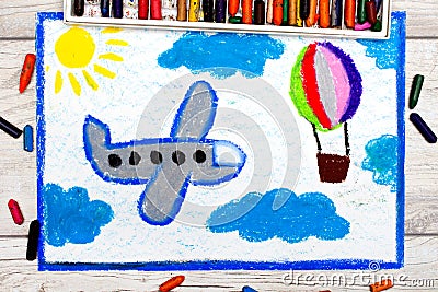 Drawing: Small blue airplane and hot air balloon Stock Photo