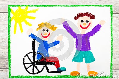 drawing: Smiling boy sitting on his wheelchair. Disabled boy with a friend Stock Photo