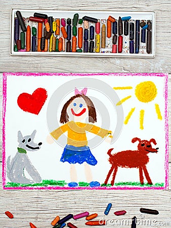 Drawing: Smiling little girl and her cute dogs Stock Photo