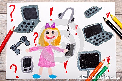 Photo of colorful drawing: smiling little girl surrounded by electronic devices, Stock Photo