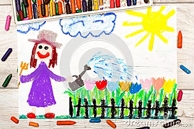 Drawing: Smiling woman watering flowers in the garden Stock Photo