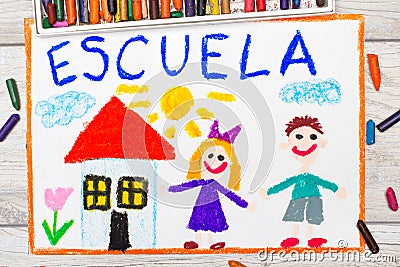Photo of colorful drawing: Spanish word SCHOOL Stock Photo