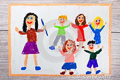 Hand drawing: smiling teacher and her students Stock Photo