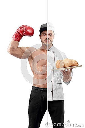 Photo comparison of boxer and chef outfit. Stock Photo