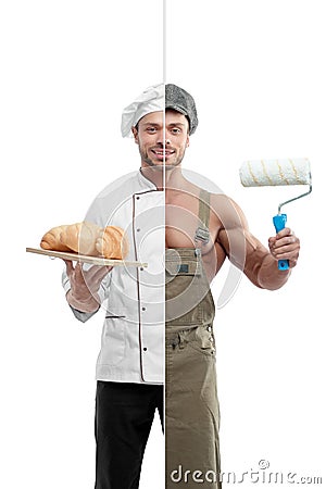 Photo comparison of painter and chef outfit. Stock Photo