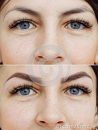 Photo comparison before and after permanent makeup, tattooing of eyebrows Stock Photo