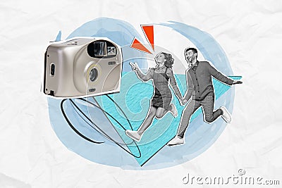 Photo composite collage of young carefree couple honeymoon photo zone shooting new cadre retro camera have fun isolated Stock Photo