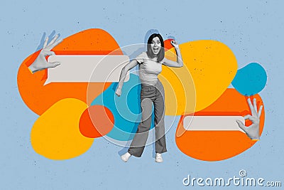 Photo composite sketch design artwork of young careless girl dancing have fun dialogue conversation isolated on drawn Stock Photo