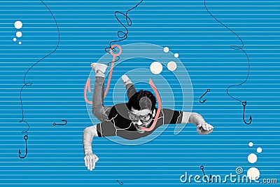 Photo composition of snorkeling collage illustration young man swimming watersport ocean hanging hooks isolated on blue Cartoon Illustration