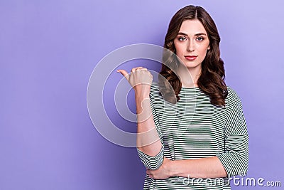 Photo of confident serious experienced lady beautiful long brown hair thumb directing mockup new vacancy offer isolated Stock Photo
