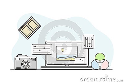 Photo Content Production with Camera and Photographic Material Line Vector Illustration Vector Illustration