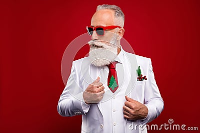 Photo of cool imposing serious old man look empty space wear three piece suit tree tie isolated on red color background Stock Photo