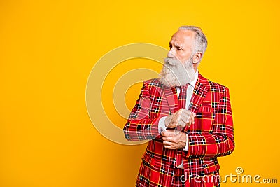 Photo of cool modern business grandpa guy looking side empty space buttoning shirt wear red gingham blazer tie clothes Stock Photo