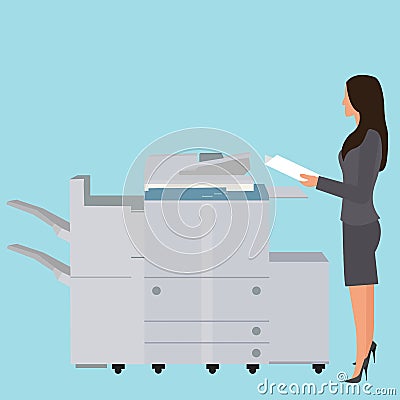 Photo copy copier machine office woman standing copying document big photocopier Vector Illustration