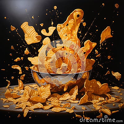 Crunchy Bowl: A Hyper-detailed Painting With Golden Light And Dramatic Movement Cartoon Illustration