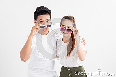 Photo of couple guy lady looking advert banner read announcement for black friday final season sales Stock Photo