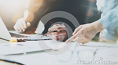 Photo Coworkers Team Working Modern Office.Man Using Generic Design Laptop Holding Pencil. Account Manager Work New Stock Photo