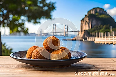 photo coxinha brazzilian food with river and bridge ai generated Stock Photo