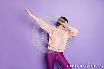 Photo of crazy funky lady dancing strange modern youth moves disco party students hide eyes palm raise hands wear casual Stock Photo