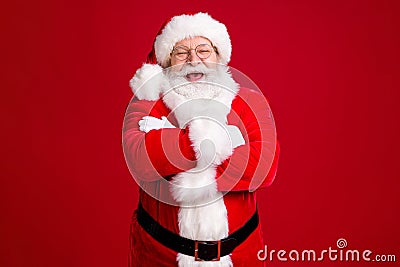 Photo of crazy funky santa claus with big belly cross hands x-mas magic party wear red costume black belt headwear Stock Photo