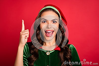 Photo of crazy genius lady have excellent x-mas party idea wear elf costume hat isolated red color background Stock Photo