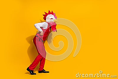 Photo of crazy guy entertaining carnival give absurd performance wear rooster mask red suit isolated yellow color Stock Photo